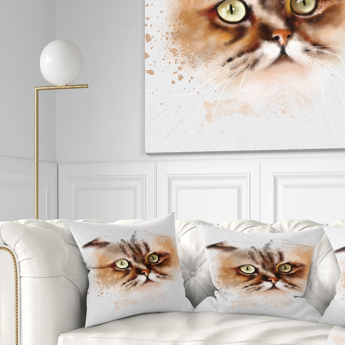 Designart Cute Brown Cat Watercolor Sketch - Animal Throw Pillow - 16x16