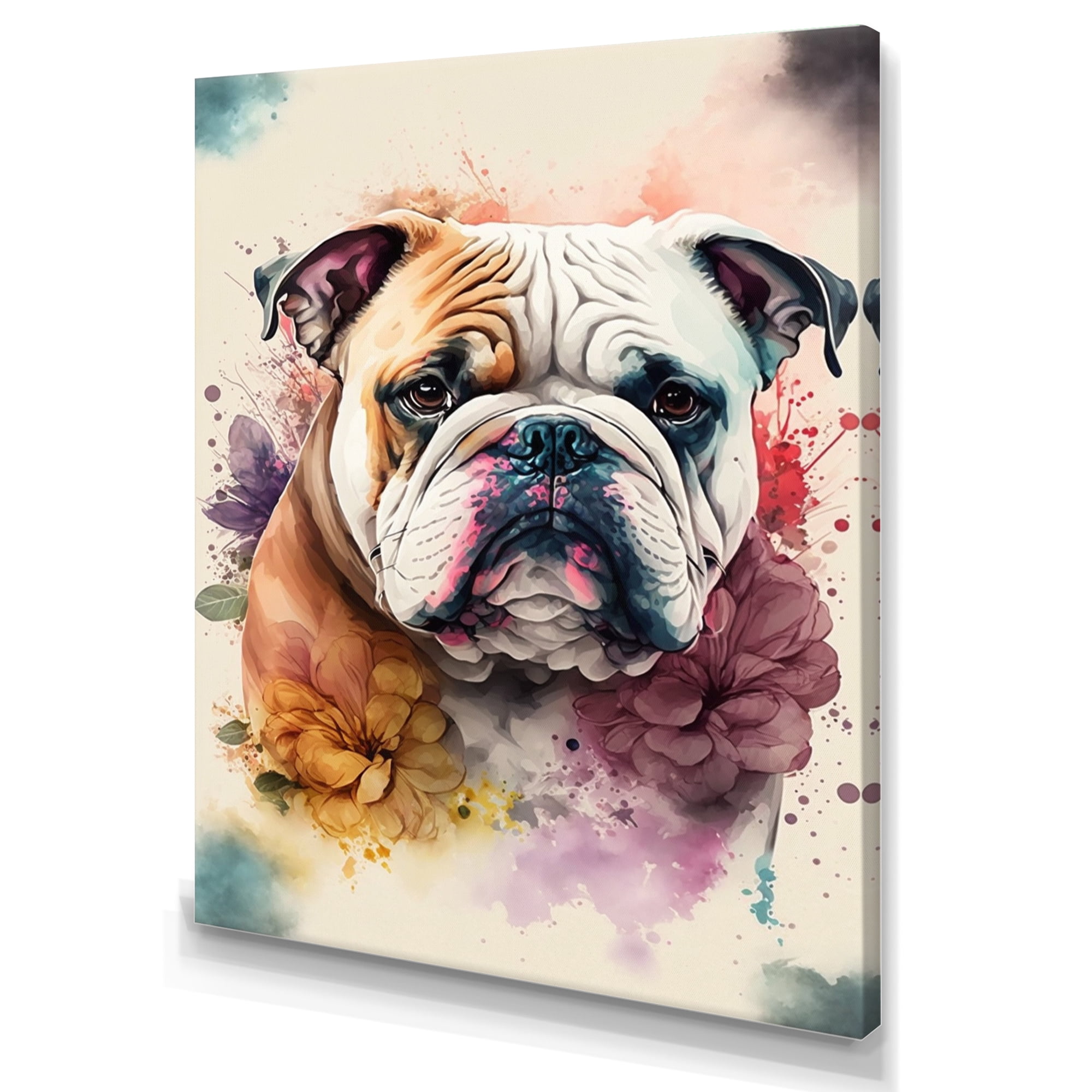 Designart Cute Bulldogs Floral Art Canvas Wall Art