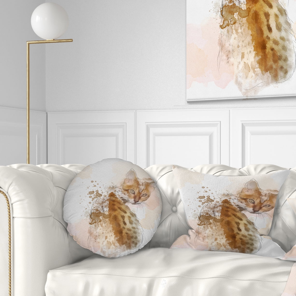 Designart Cute Cat Sketch with Brown Splashes - Animal Throw Pillow - 12x20