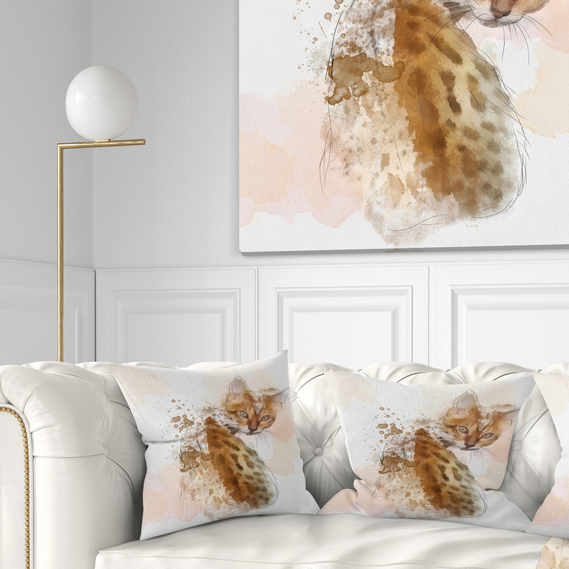Designart Cute Cat Sketch with Brown Splashes - Animal Throw Pillow - 16x16