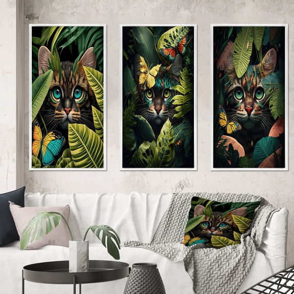 Designart "Cute Cat in Jungle Butterfly Encounter I" Animals Cat Framed Wall Art Set Of 3 - Green Cat Frame Gallery Set For Office Decor