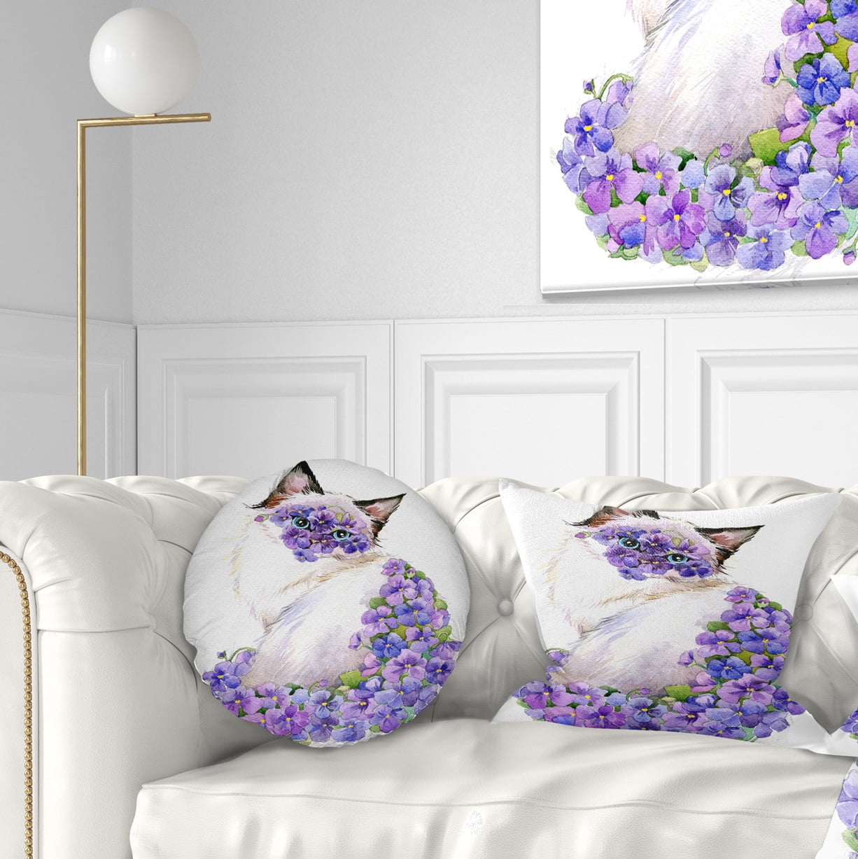 Designart Cute Cat with Blue Flowers - Animal Throw Pillow - 12x20