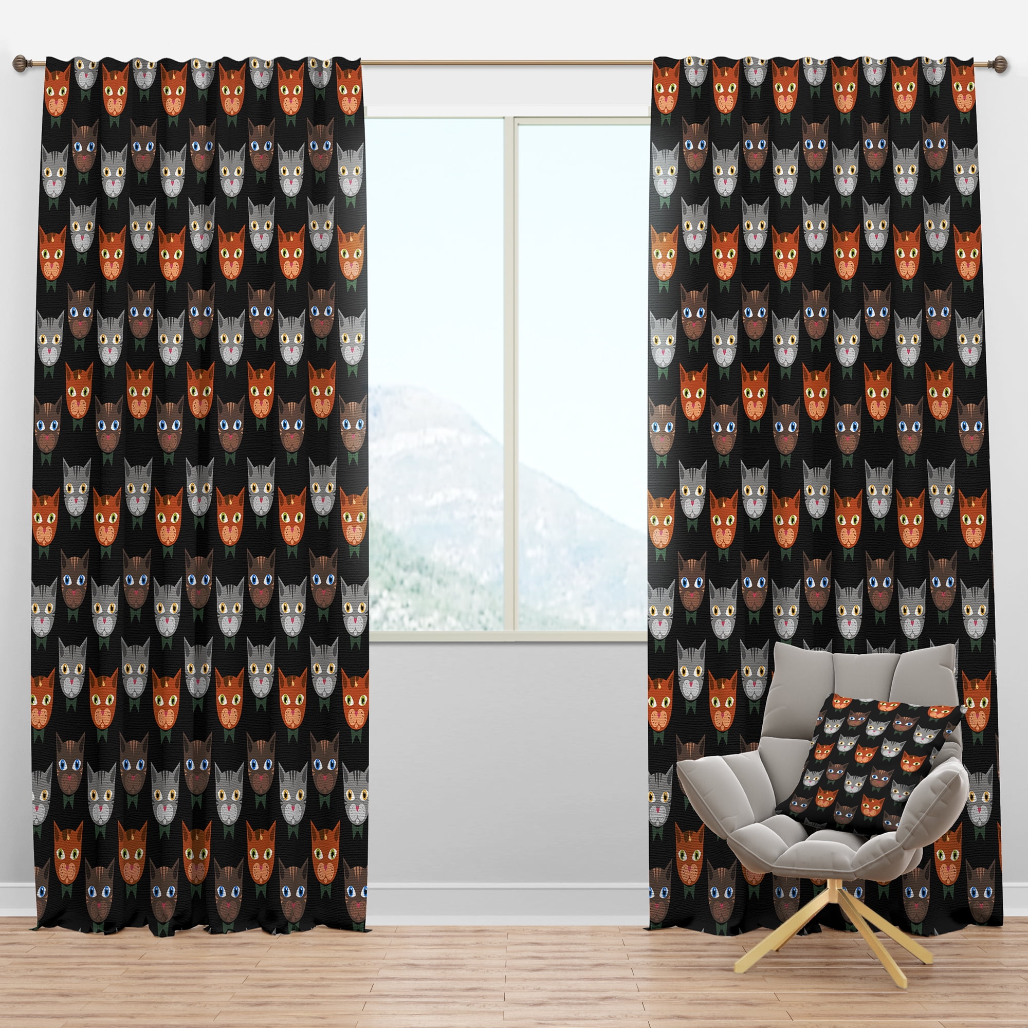 Designart 'Cute Cats Pattern On Black' Modern Blackout Curtain Panel