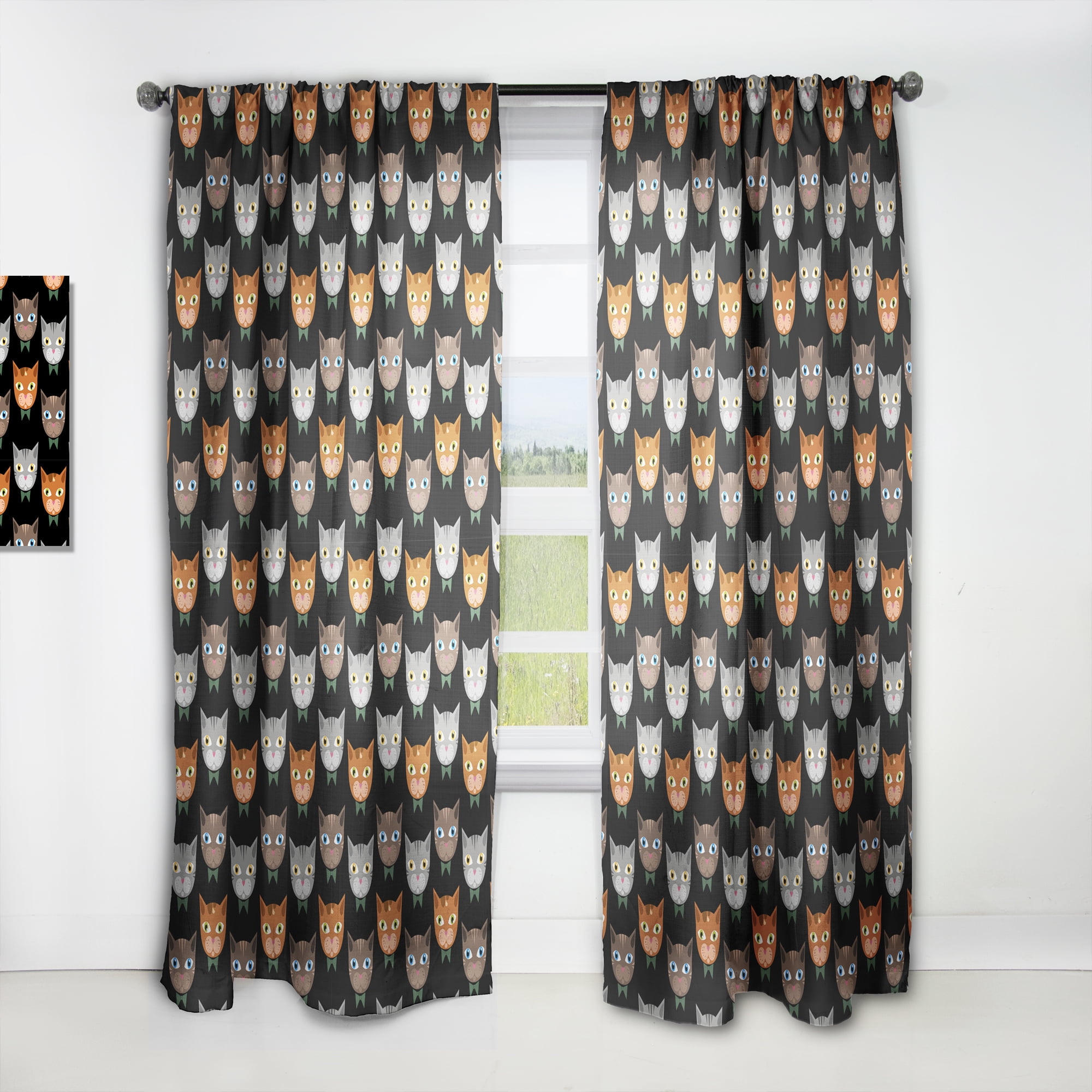 Designart 'Cute Cats Pattern On Black' Modern Curtain Panel