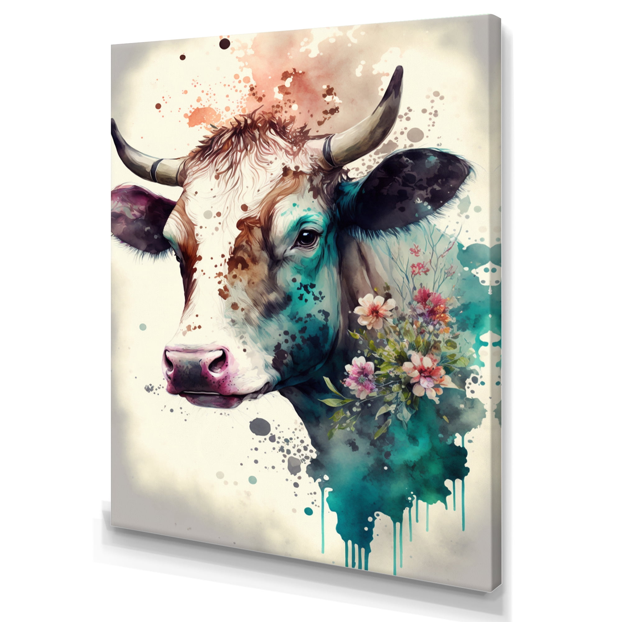 Designart Cute Cow Floral Art I Canvas Wall Art