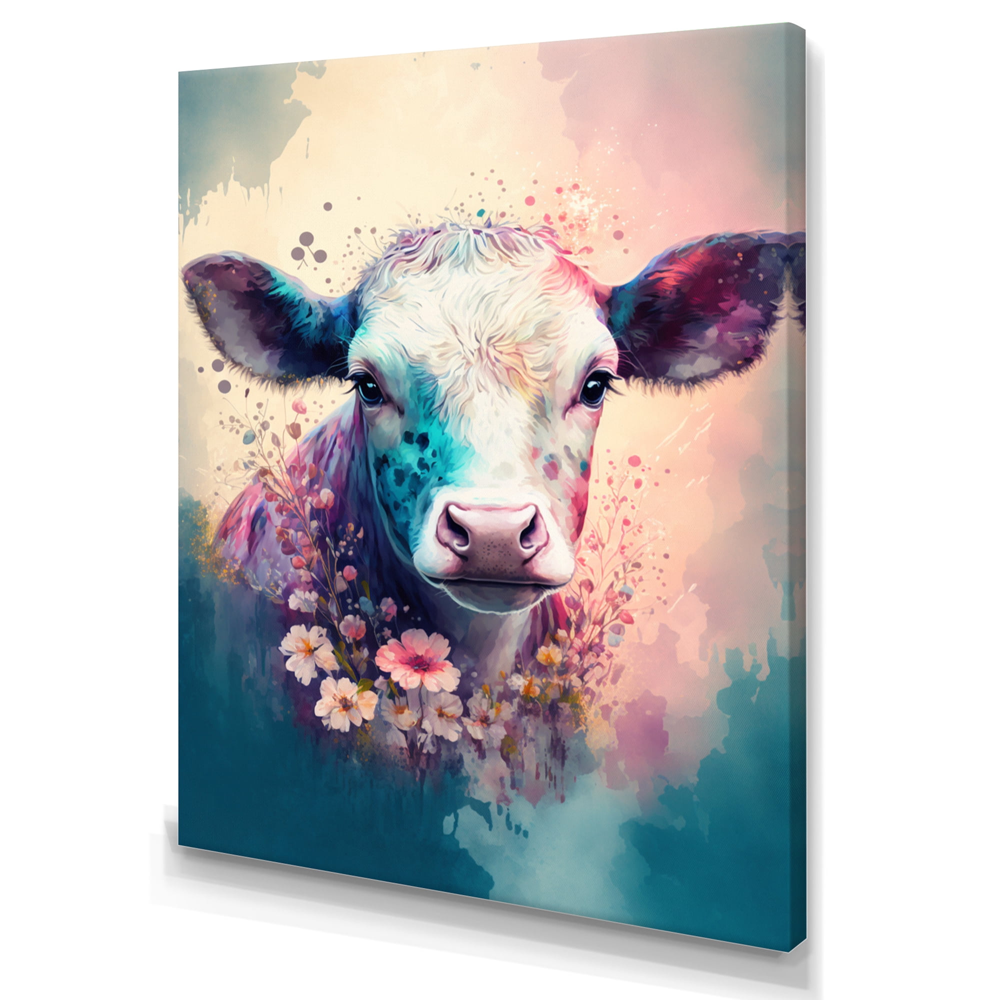 Designart Cute Cow Floral Art II Canvas Wall Art