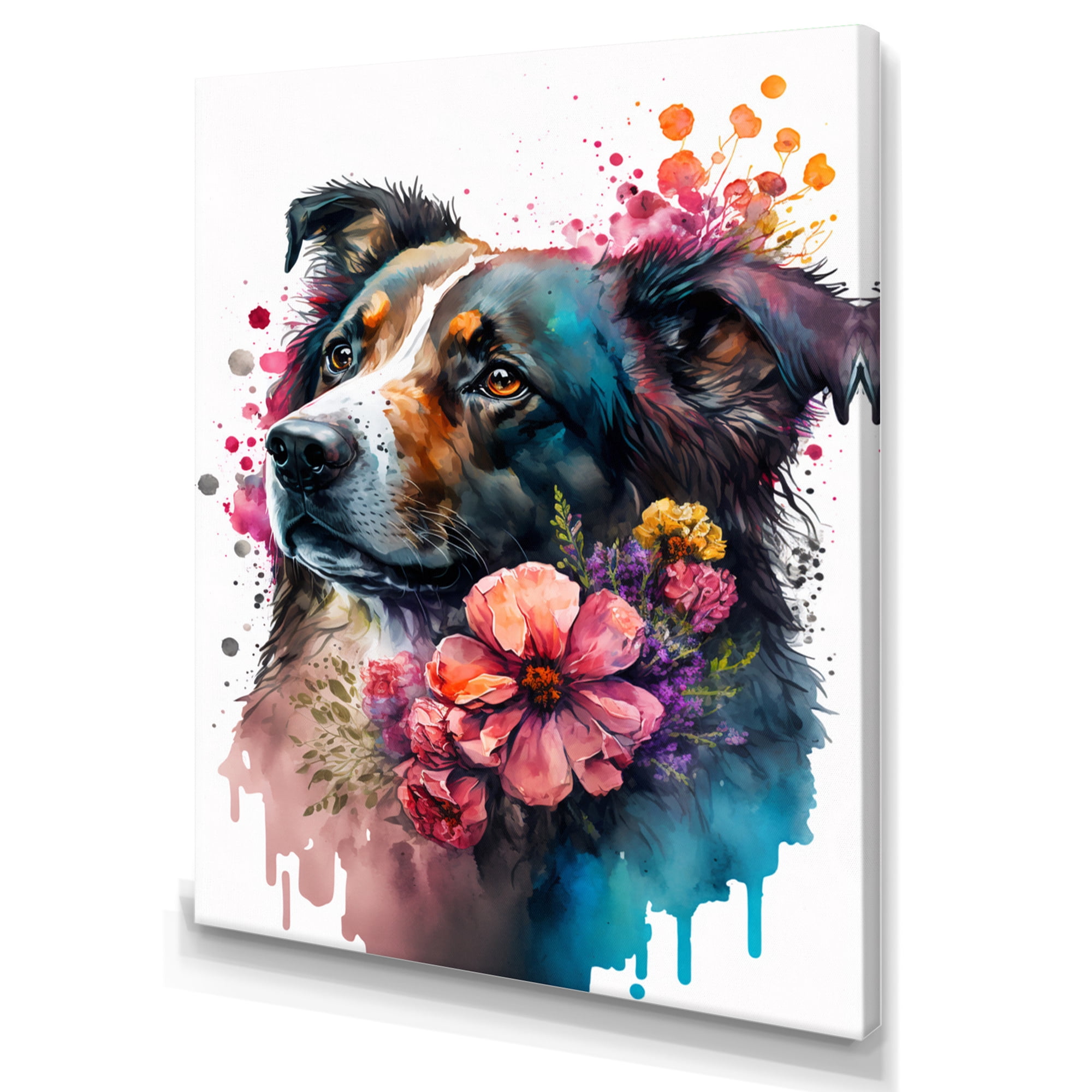 Designart Cute Dog Floral Art II Canvas Wall Art