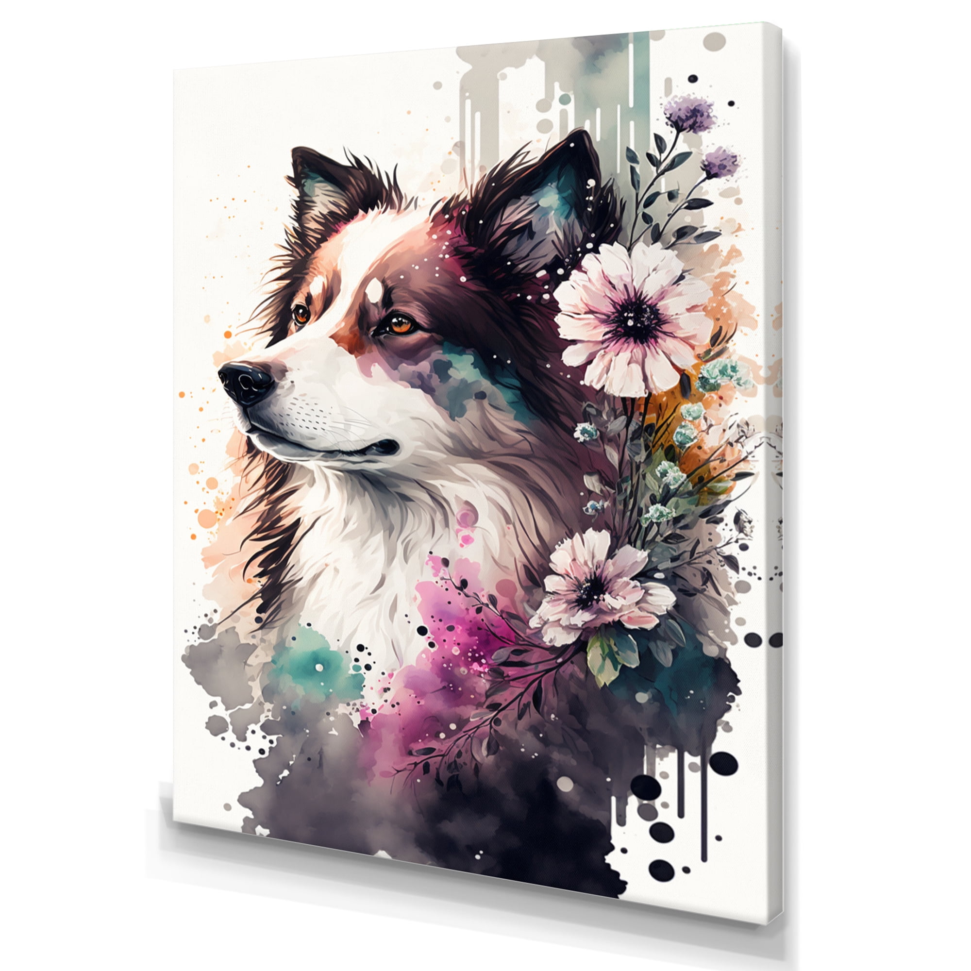 Designart Cute Dog Floral Art III Canvas Wall Art
