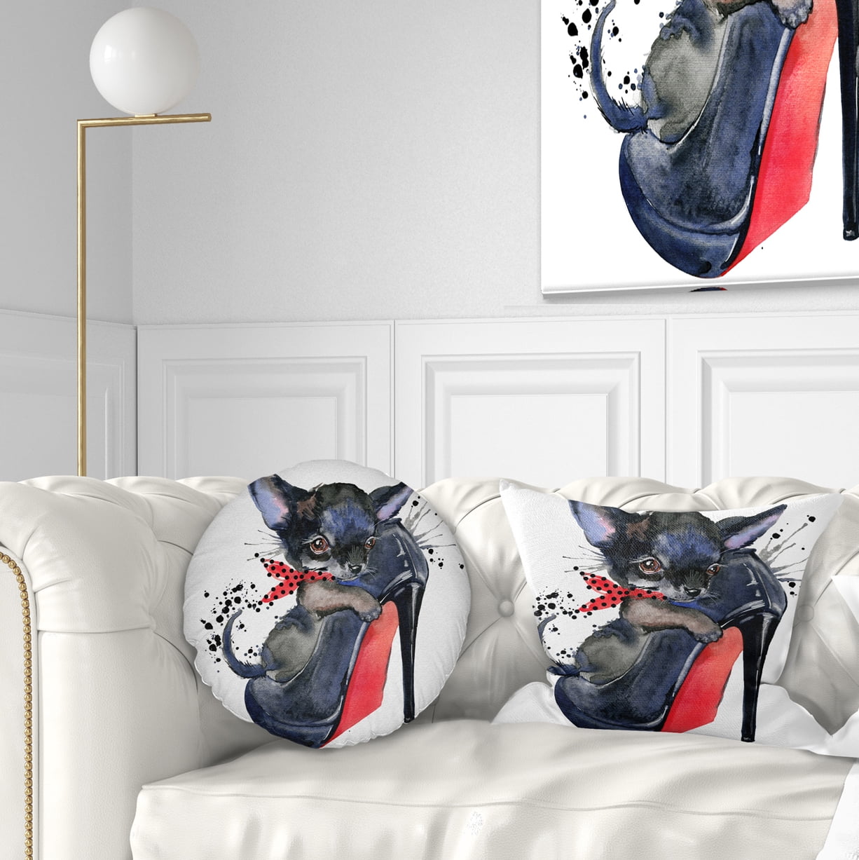 Designart Cute Dog over Large Heeled Shoe - Animal Throw Pillow - 12x20