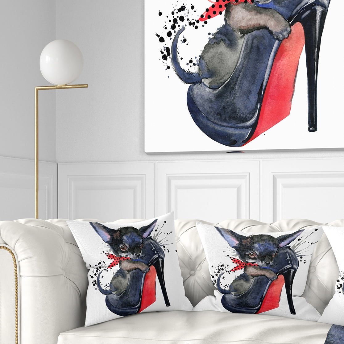 Designart Cute Dog over Large Heeled Shoe - Animal Throw Pillow - 18x18
