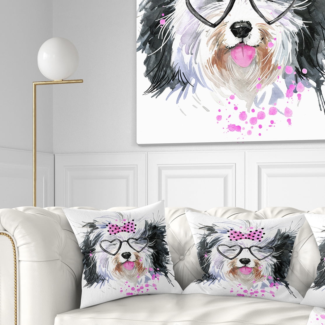 Designart Cute Dog with Heart Glasses - Contemporary Animal Throw Pillow - 16x16