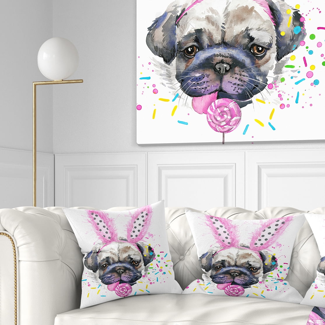 Designart Cute Dog with Pink Feather Hat - Contemporary Animal Throw Pillow - 16x16