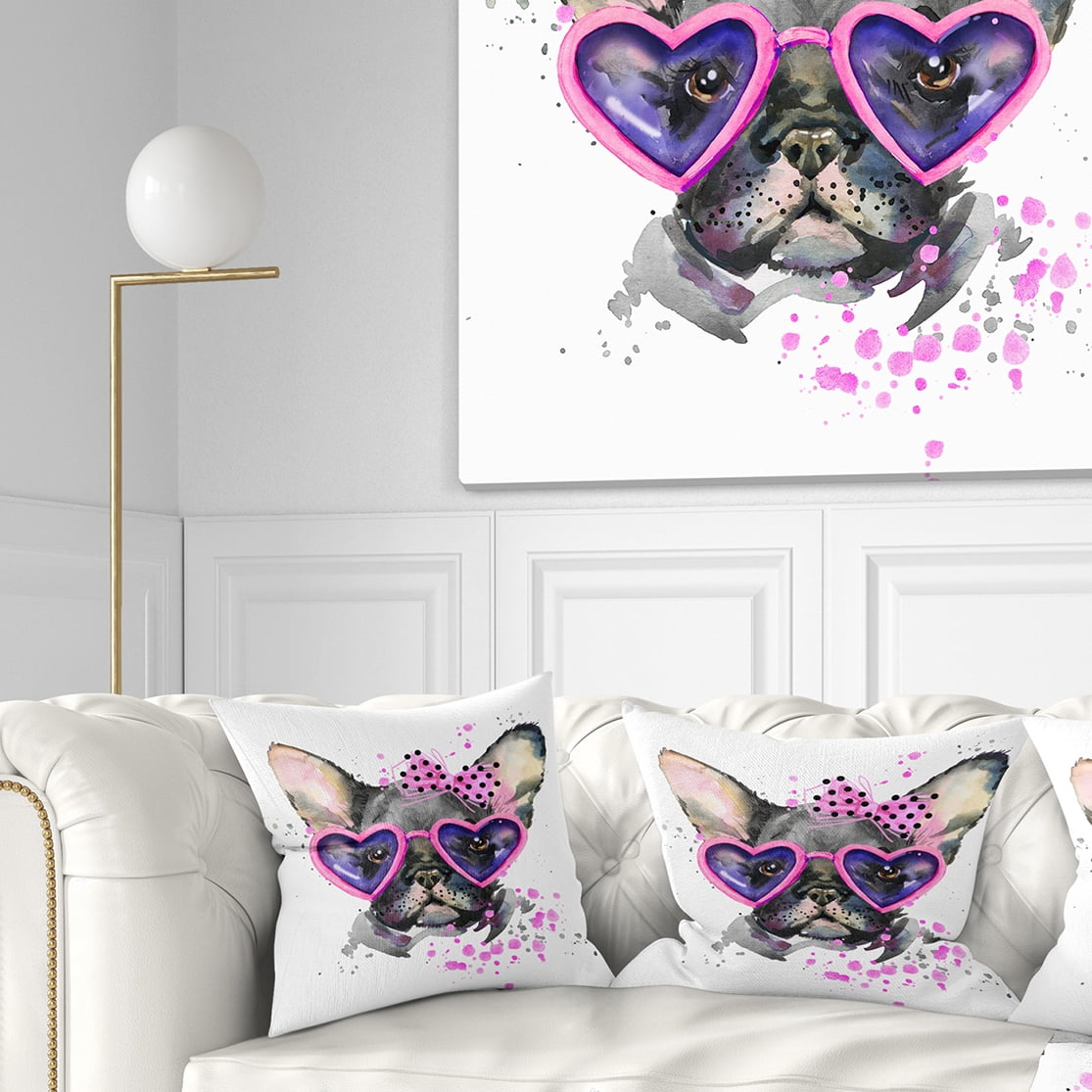 Designart Cute Dog with Pink Glasses - Animal Throw Pillow - 18x18