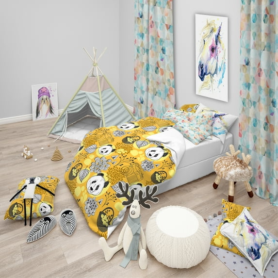 Designart 'Cute Doodle Panda' Oriental kids Duvet Cover Set