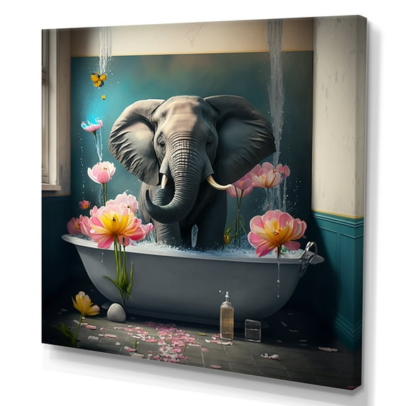 Designart Cute Elefant Taking A Bath Canvas Wall Art