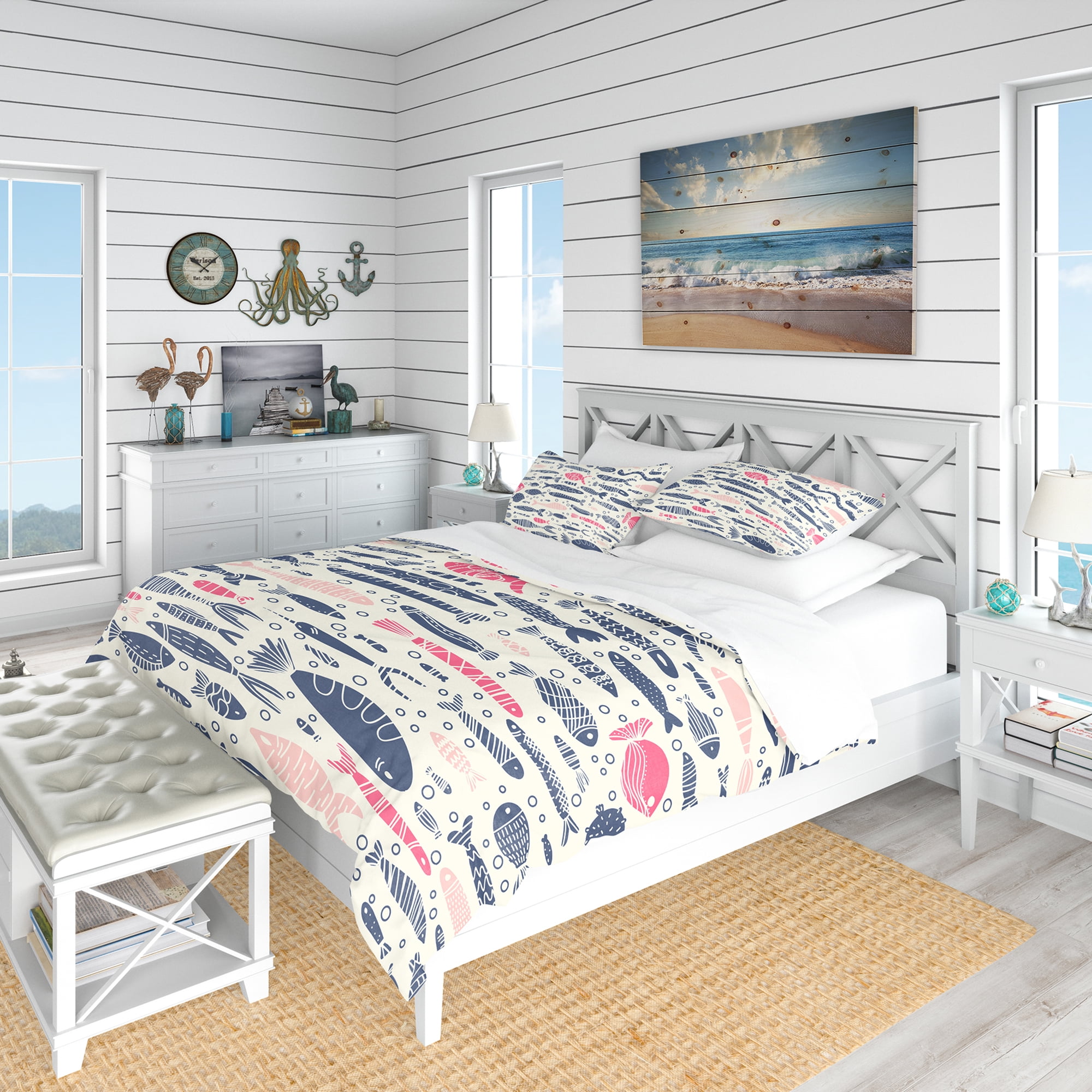Designart 'Cute Fishes with Doodles' Nautical & Coastal Duvet Cover Set