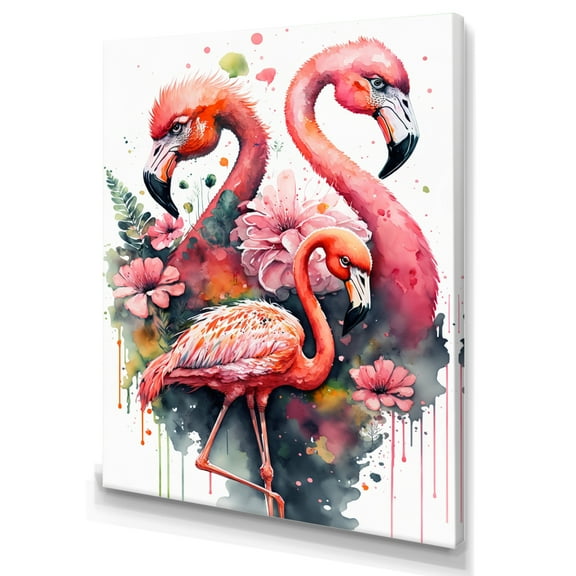 Designart Cute Flamingos Floral Art I Canvas Wall Art