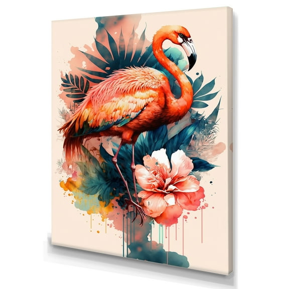 Designart Cute Flamingos Floral Art V Canvas Wall Art