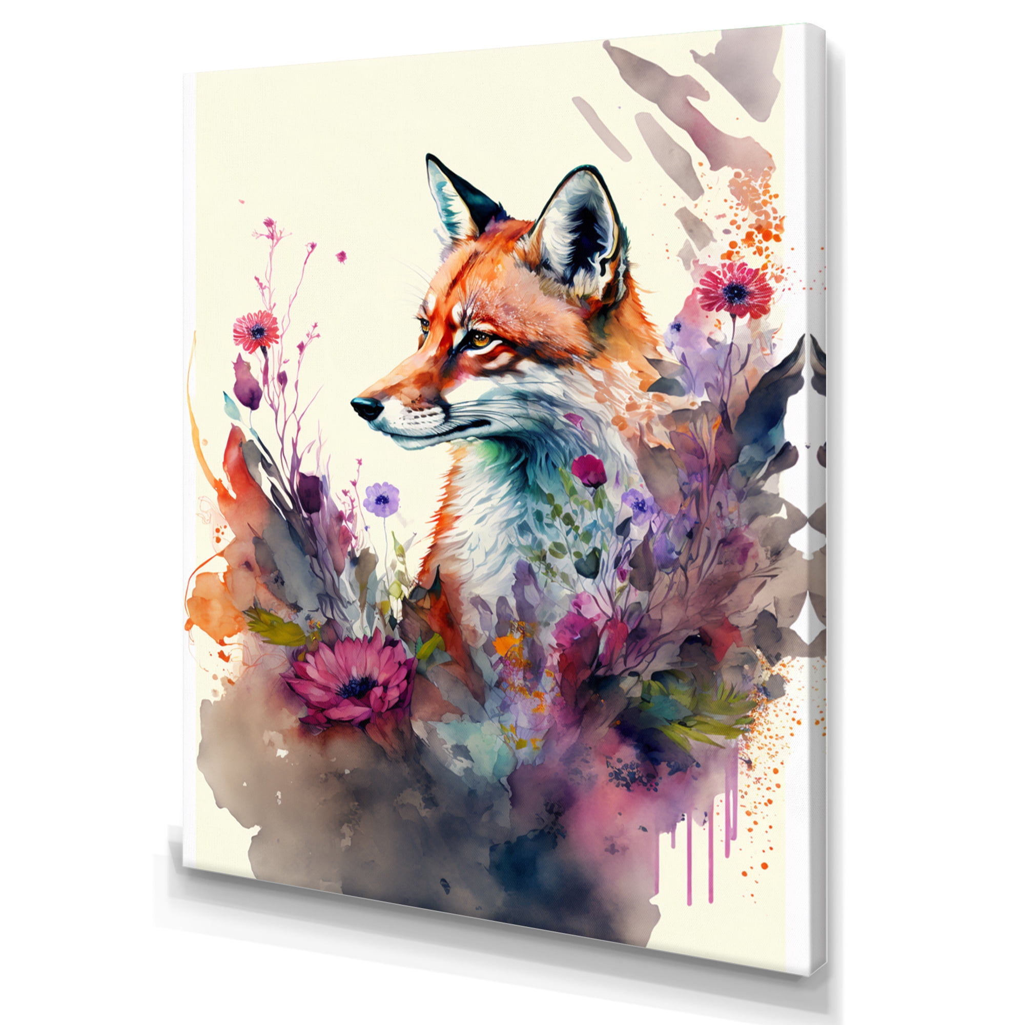 Designart Cute Fox Floral Art II Canvas Wall Art