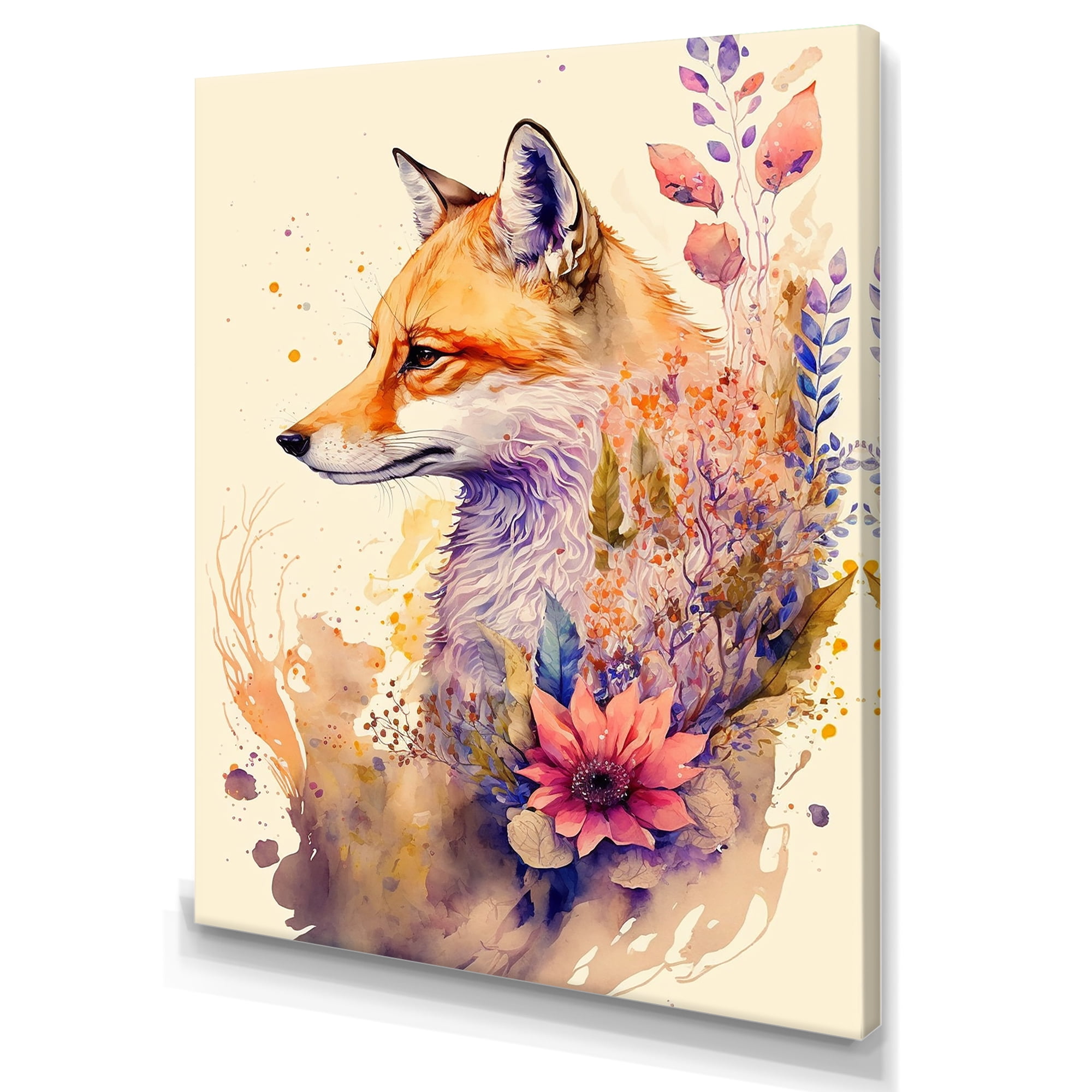 Designart Cute Fox Floral Art IV Canvas Wall Art