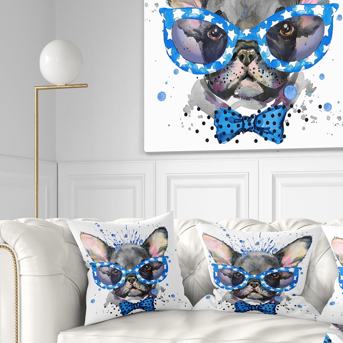 Designart Cute French Bulldog with Glasses - Animal Throw Pillow - 18x18