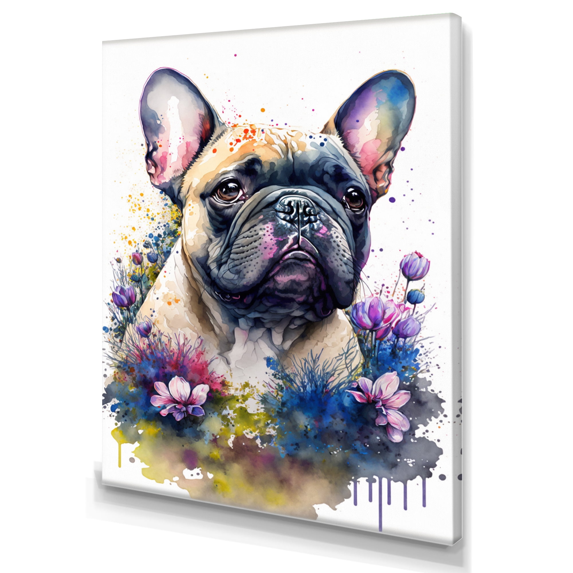 Designart Cute Frenchie Floral Art I Canvas Wall Art
