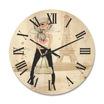 Designart 'Cute Girl By The Tour Paris Eiffel Tower' Children'S Art Wood Wall Clock