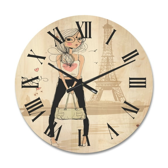 Designart 'Cute Girl By The Tour Paris Eiffel Tower' Children'S Art Wood Wall Clock