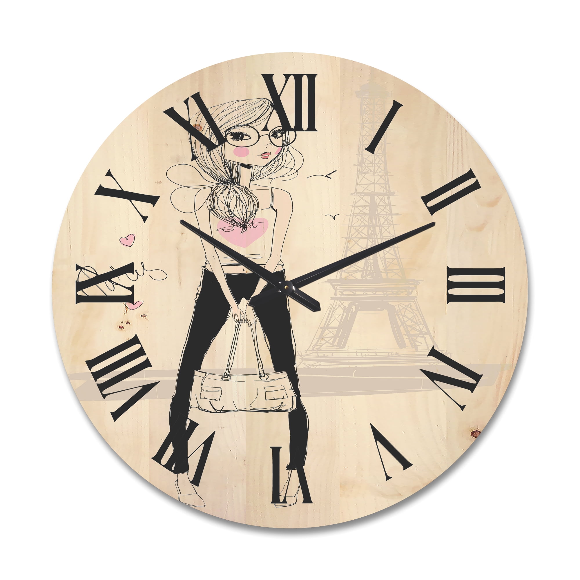 Designart 'Cute Girl By The Tour Paris Eiffel Tower' Children'S Art Wood Wall Clock