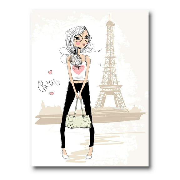 Designart ' Cute Girl By The Tour Paris Eiffel Tower ' Children's Art Canvas Wall Art Print