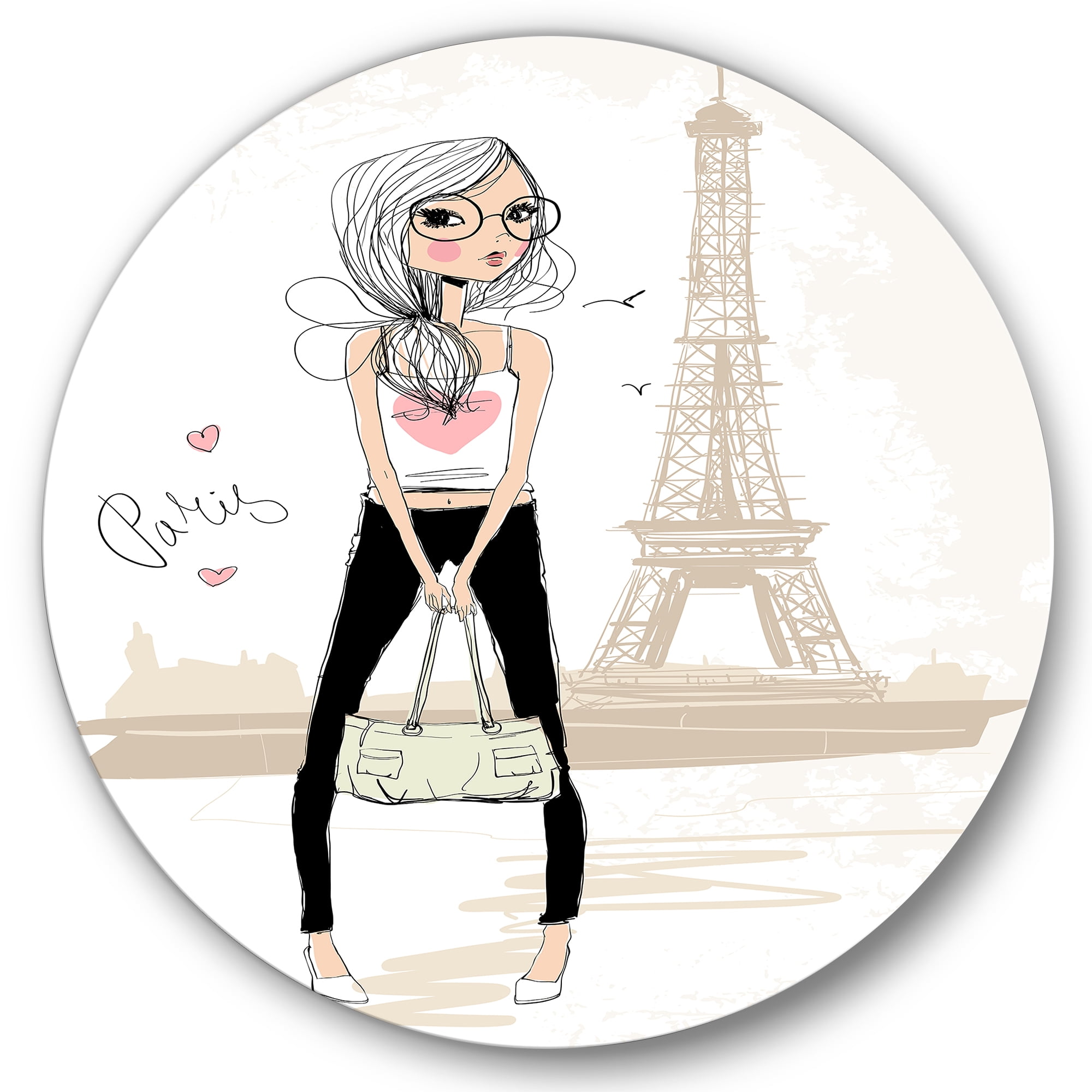 Designart 'Cute Girl By The Tour Paris Eiffel Tower' Children's Art Circle Metal Wall Art 11x11 - Disc of 11