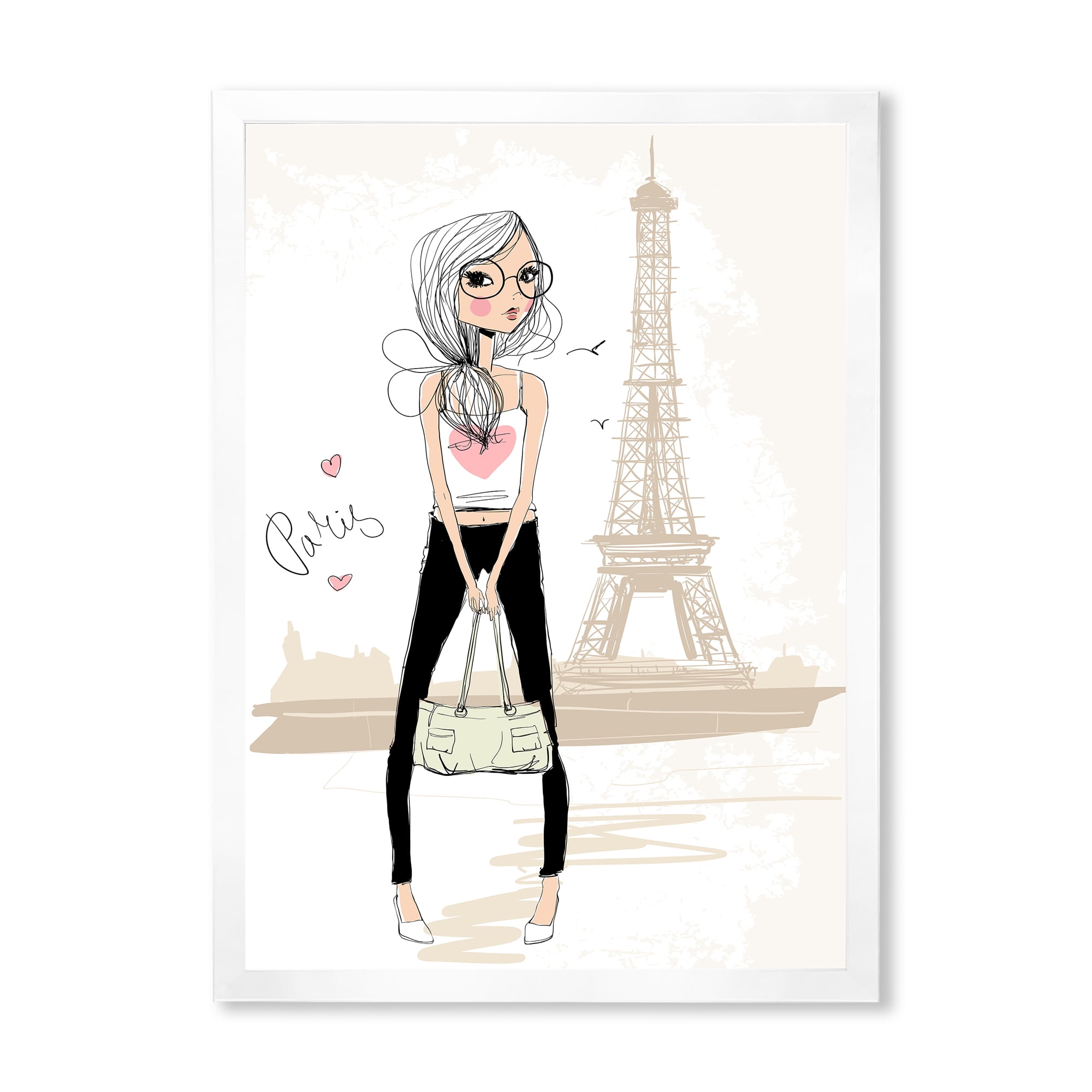 Designart 'Cute Girl By The Tour Paris Eiffel Tower' Children's Art Framed Art Print
