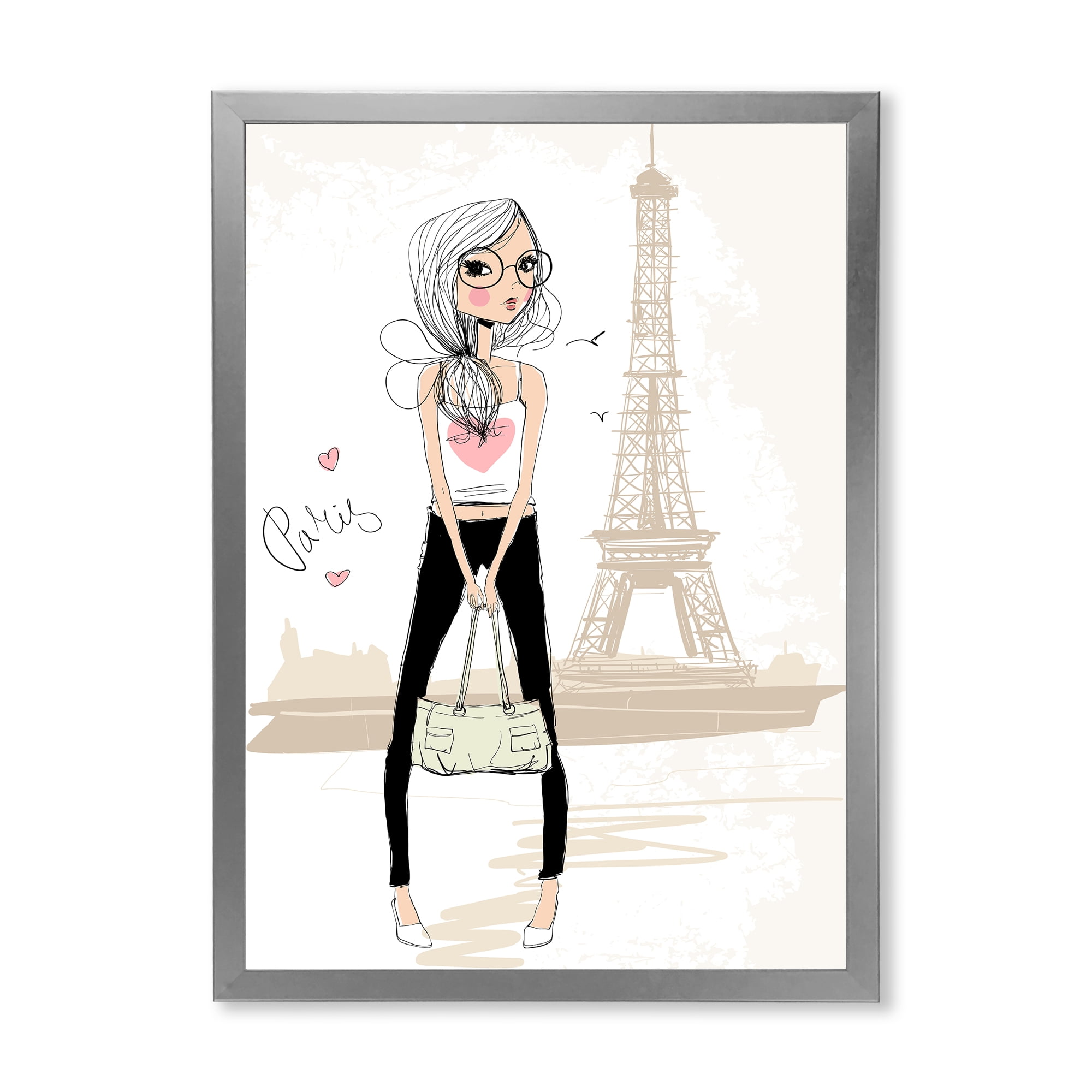 Designart 'Cute Girl By The Tour Paris Eiffel Tower' Children's Art Framed Art Print