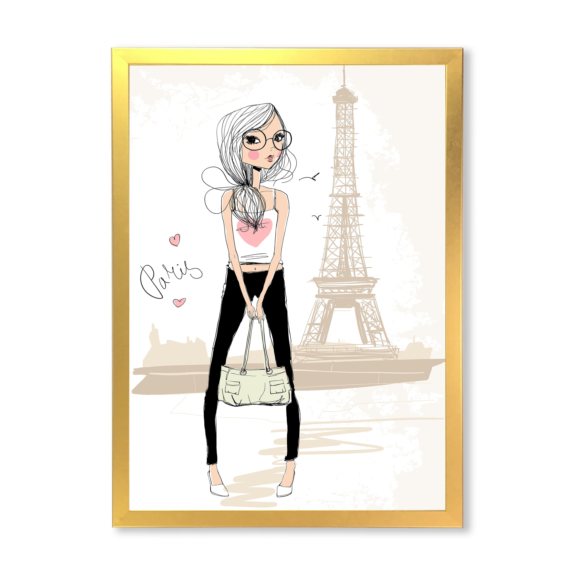 Designart 'Cute Girl By The Tour Paris Eiffel Tower' Children's Art Framed Art Print