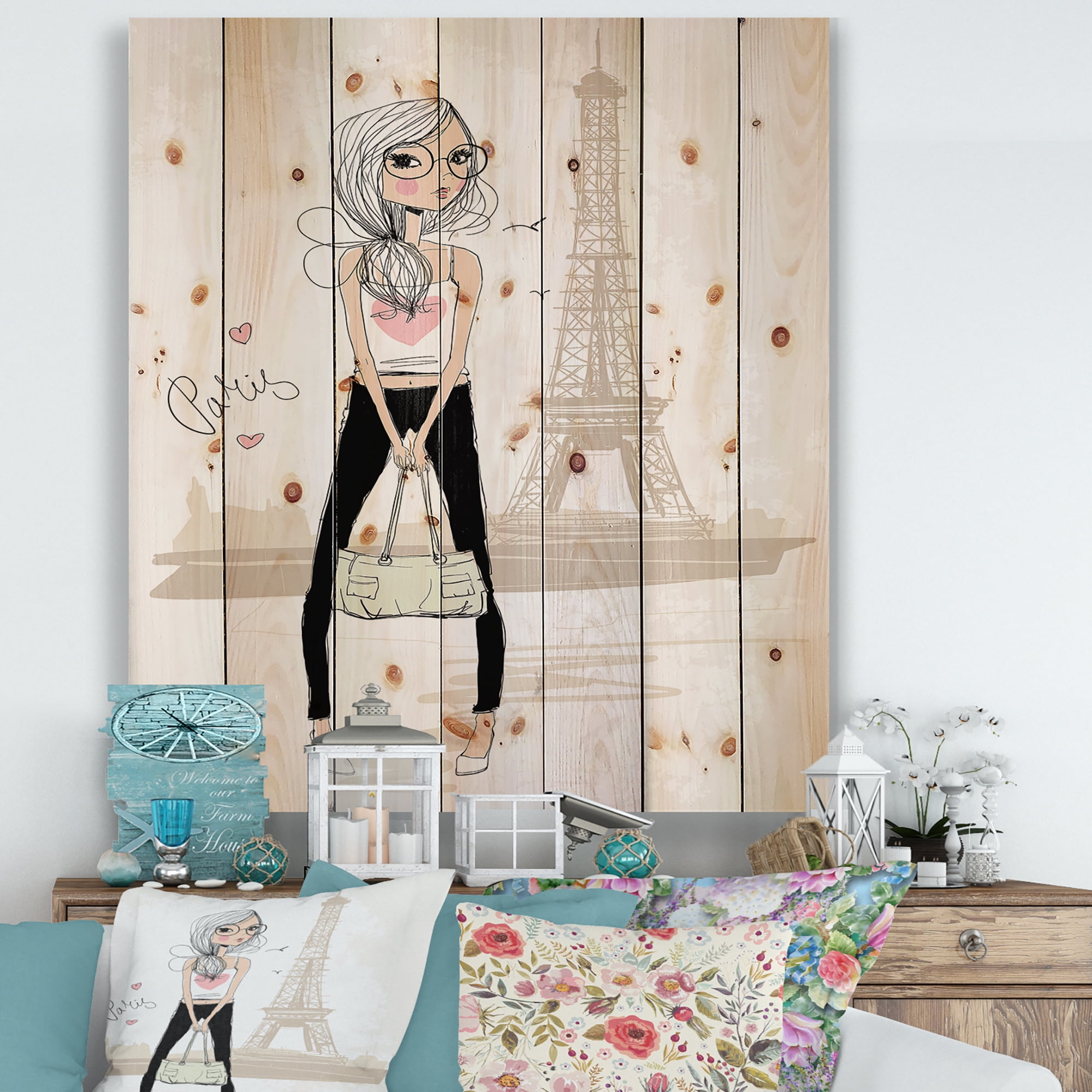 Designart 'Cute Girl By The Tour Paris Eiffel Tower' Children's Art Print on Natural Pine Wood
