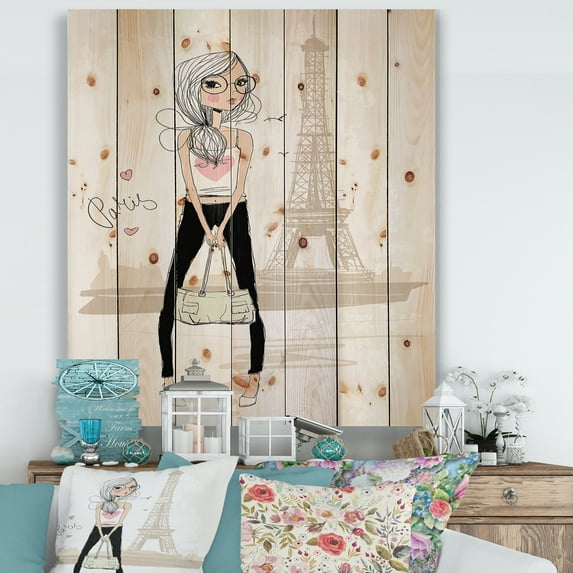 Designart 'Cute Girl By The Tour Paris Eiffel Tower' Children's Art Print on Natural Pine Wood