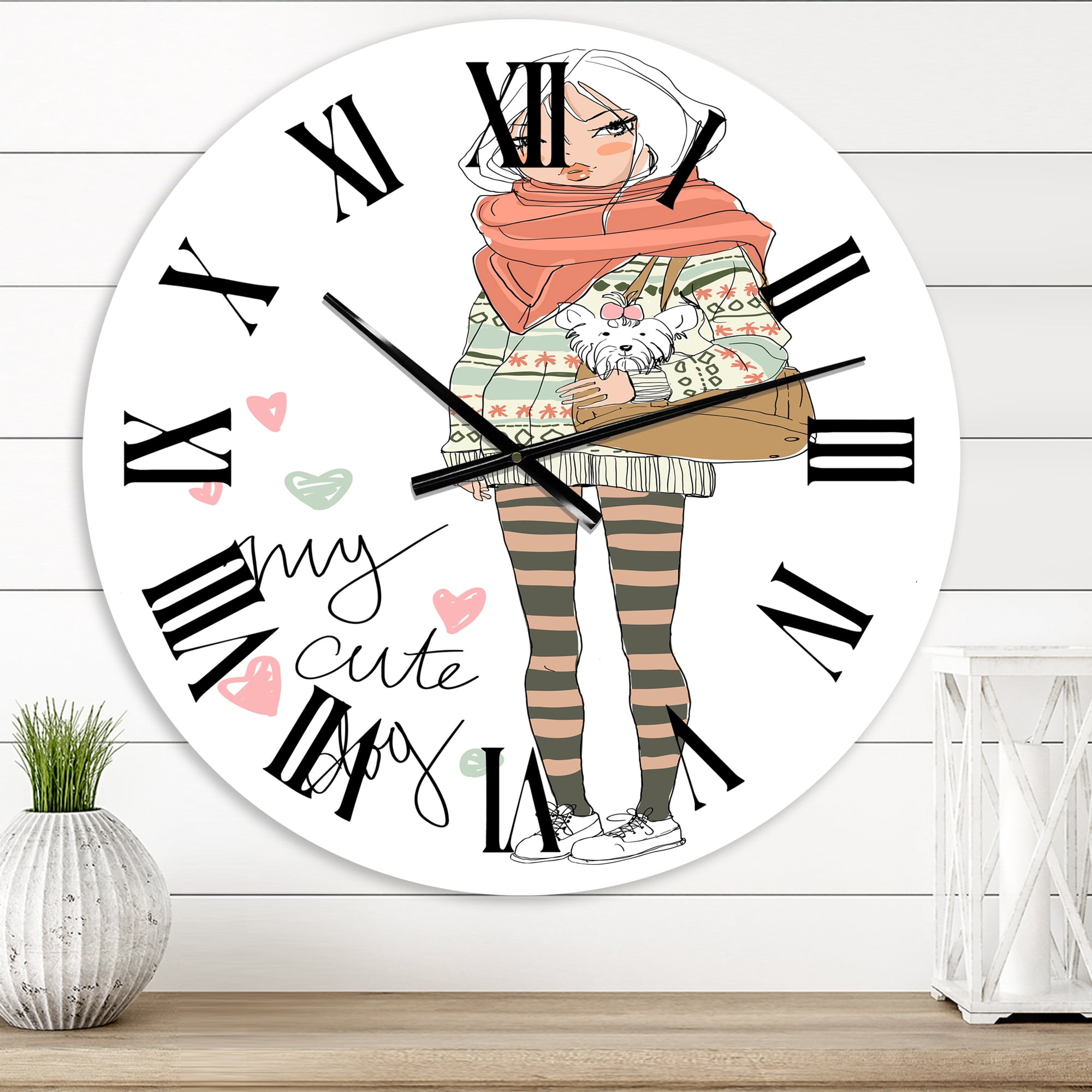 Designart 'Cute Girl With Dog' Shabby Chic Wall Clock