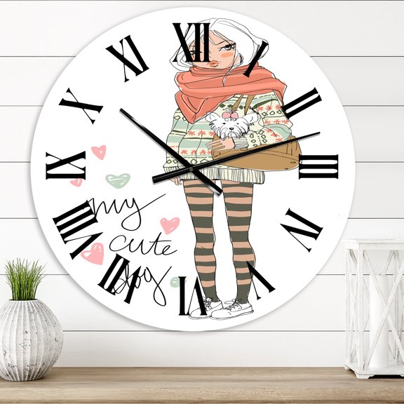 Designart 'Cute Girl With Dog' Shabby Chic Wall Clock
