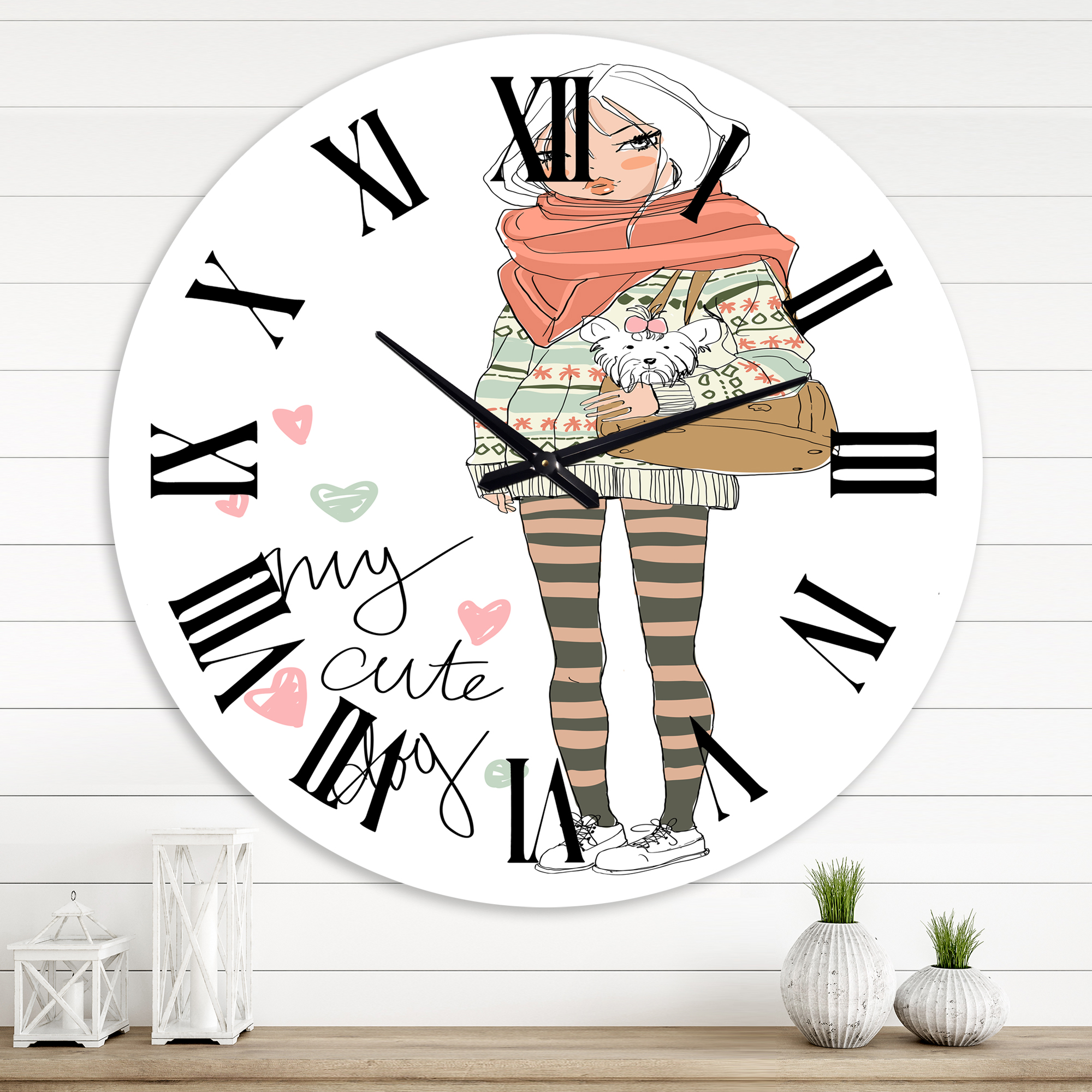 Designart 'Cute Girl With Dog' Shabby Chic Wall Clock
