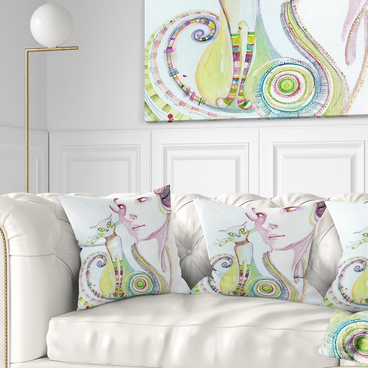 Designart Cute Girl with Cat - Abstract Portrait Throw Pillow - 18x18