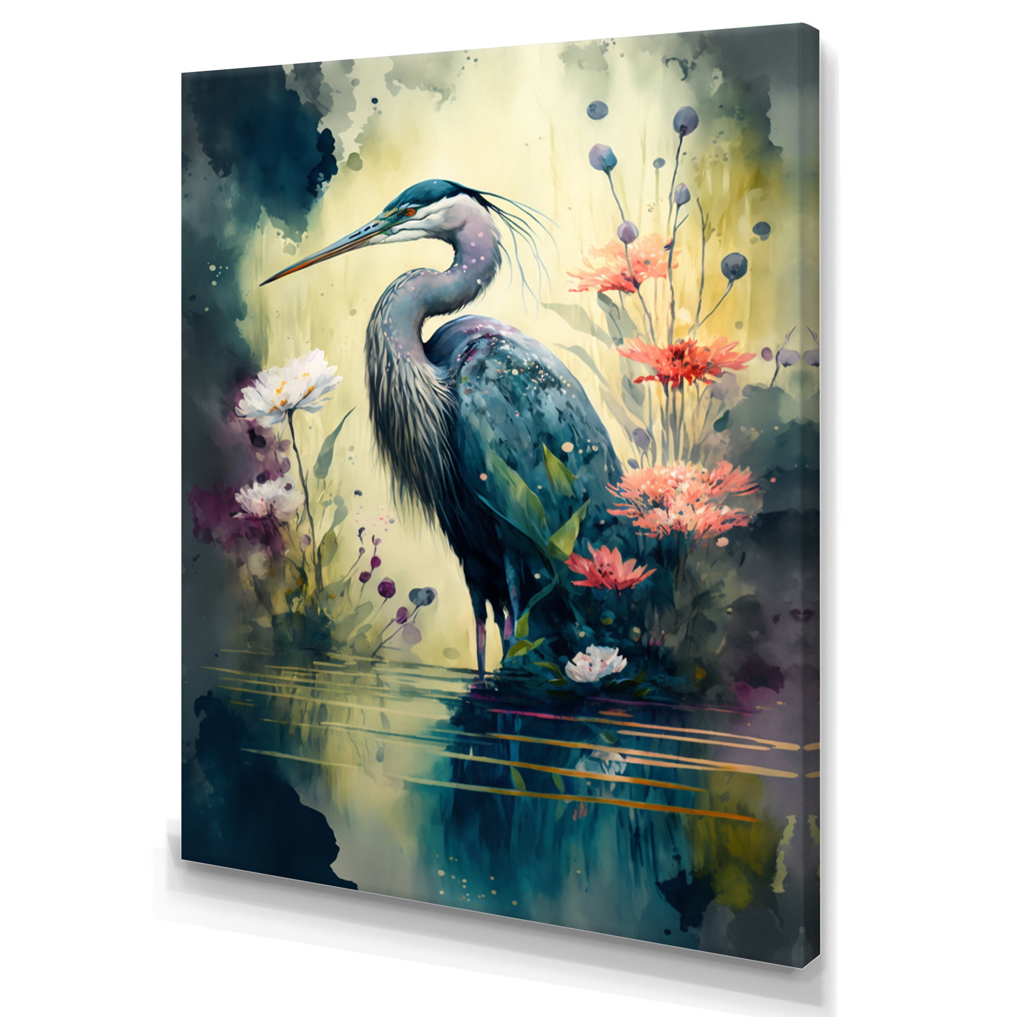 Designart Cute Heron Floral Art I Canvas Wall Art