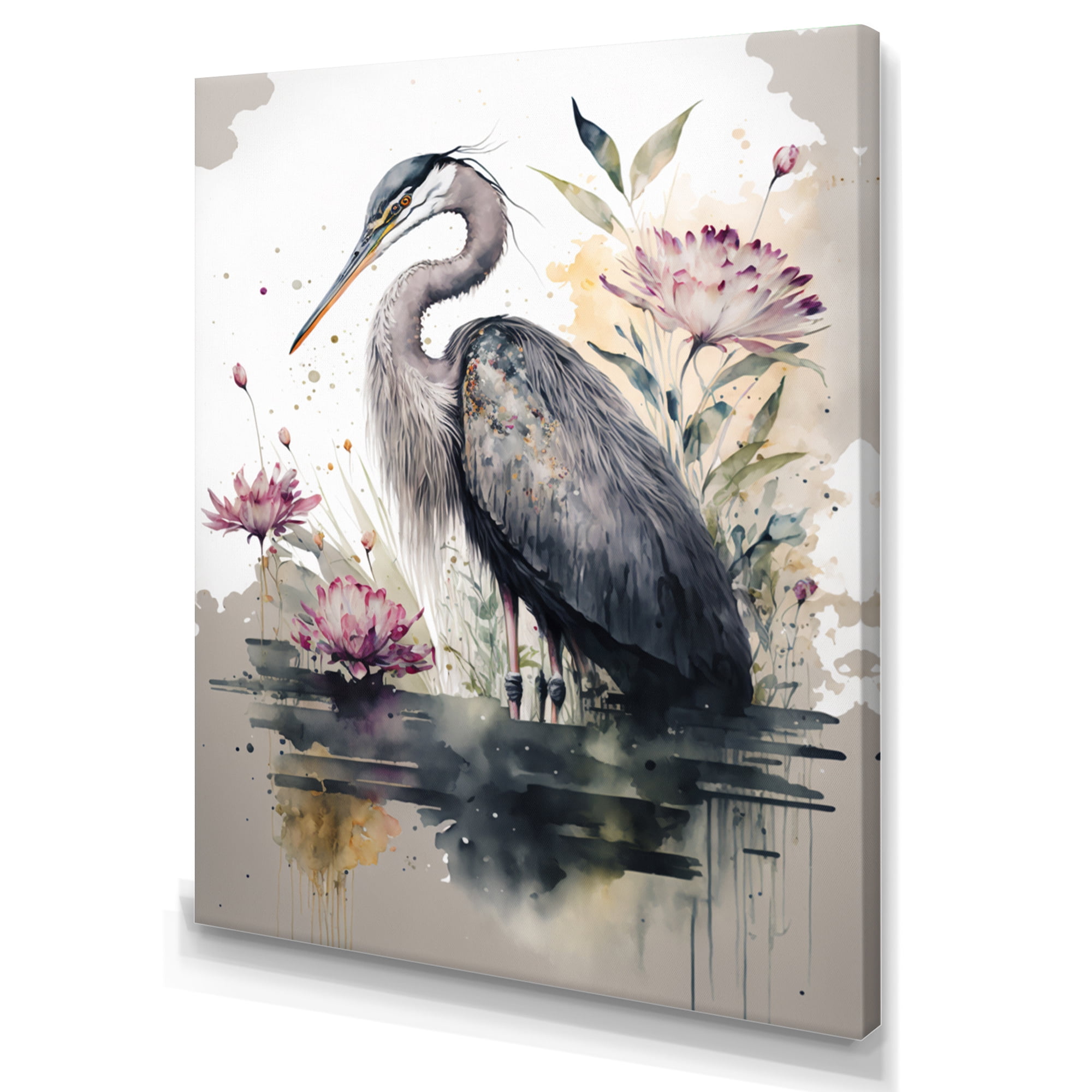 Designart Cute Heron Floral Art III Canvas Wall Art