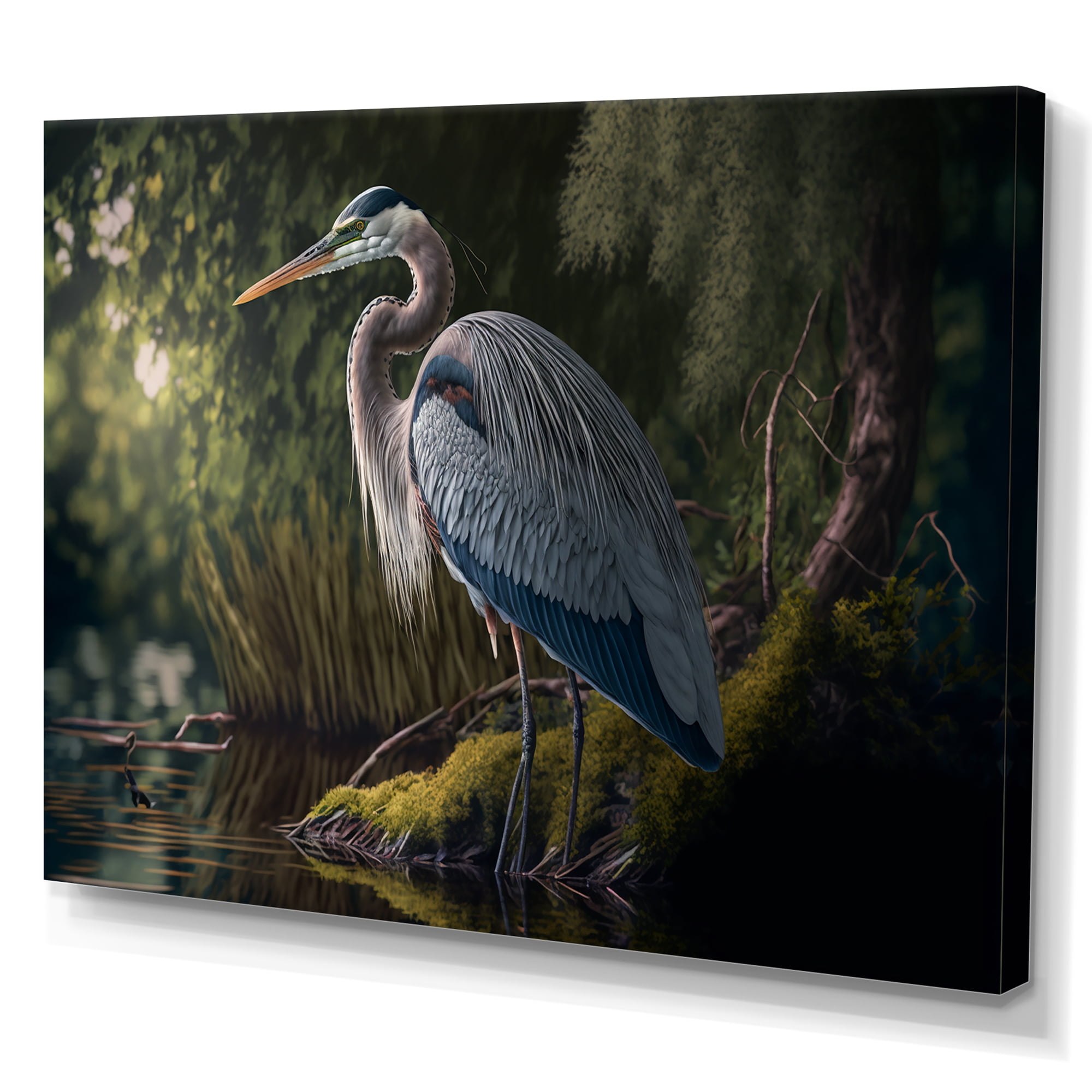 Designart Cute Heron In A Lake Floral Art II Canvas Wall Art