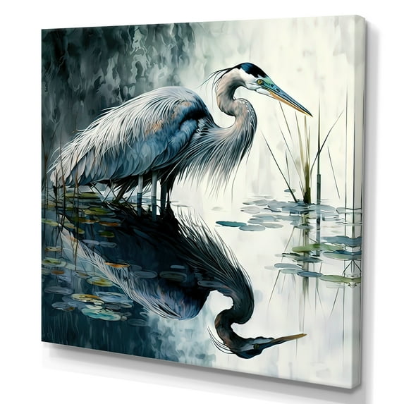 Designart Cute Heron In A Lake Floral Art IV Canvas Wall Art