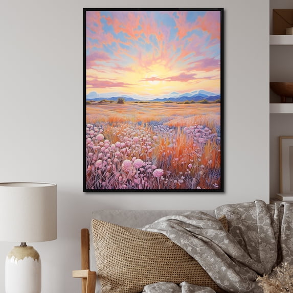 Designart "Cute Kawaii Landscape Of Prairies During Sunset II" Prairies Floater Framed Wall Art Prints