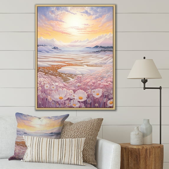Designart "Cute Kawaii Landscape Of Prairies During Sunset III" Prairies Floater Framed Wall Art Living Room