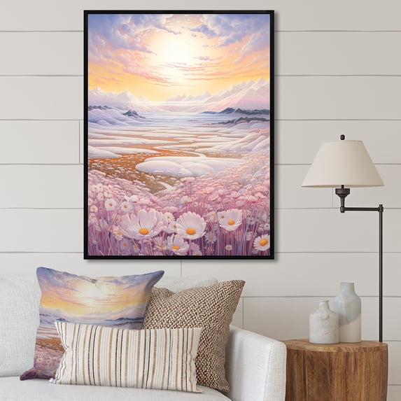 Designart "Cute Kawaii Landscape Of Prairies During Sunset III" Prairies Floater Framed Wall Art Living Room