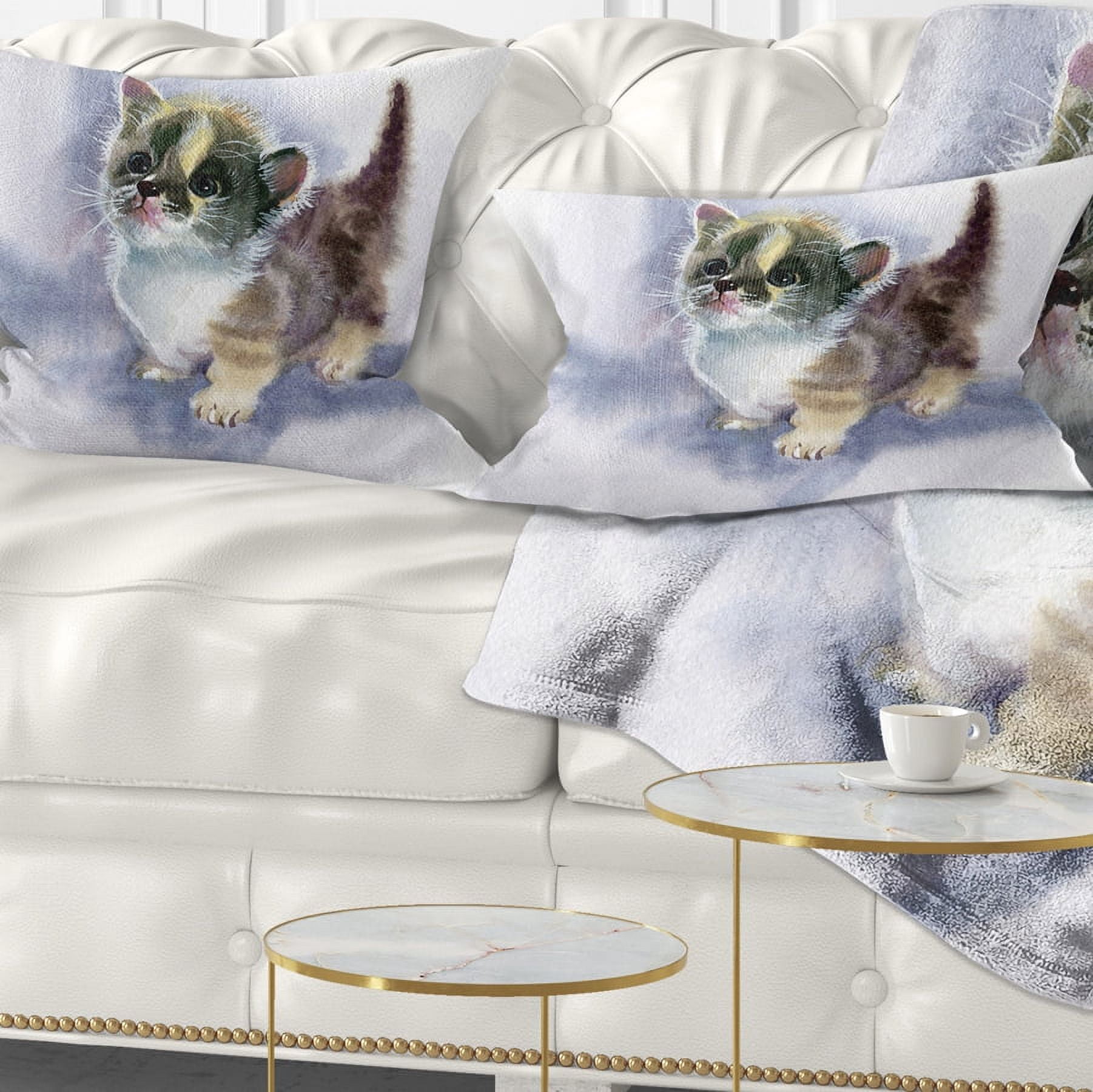 Designart Cute Kitten on Blue Watercolor - Animal Throw Pillow - 12x20
