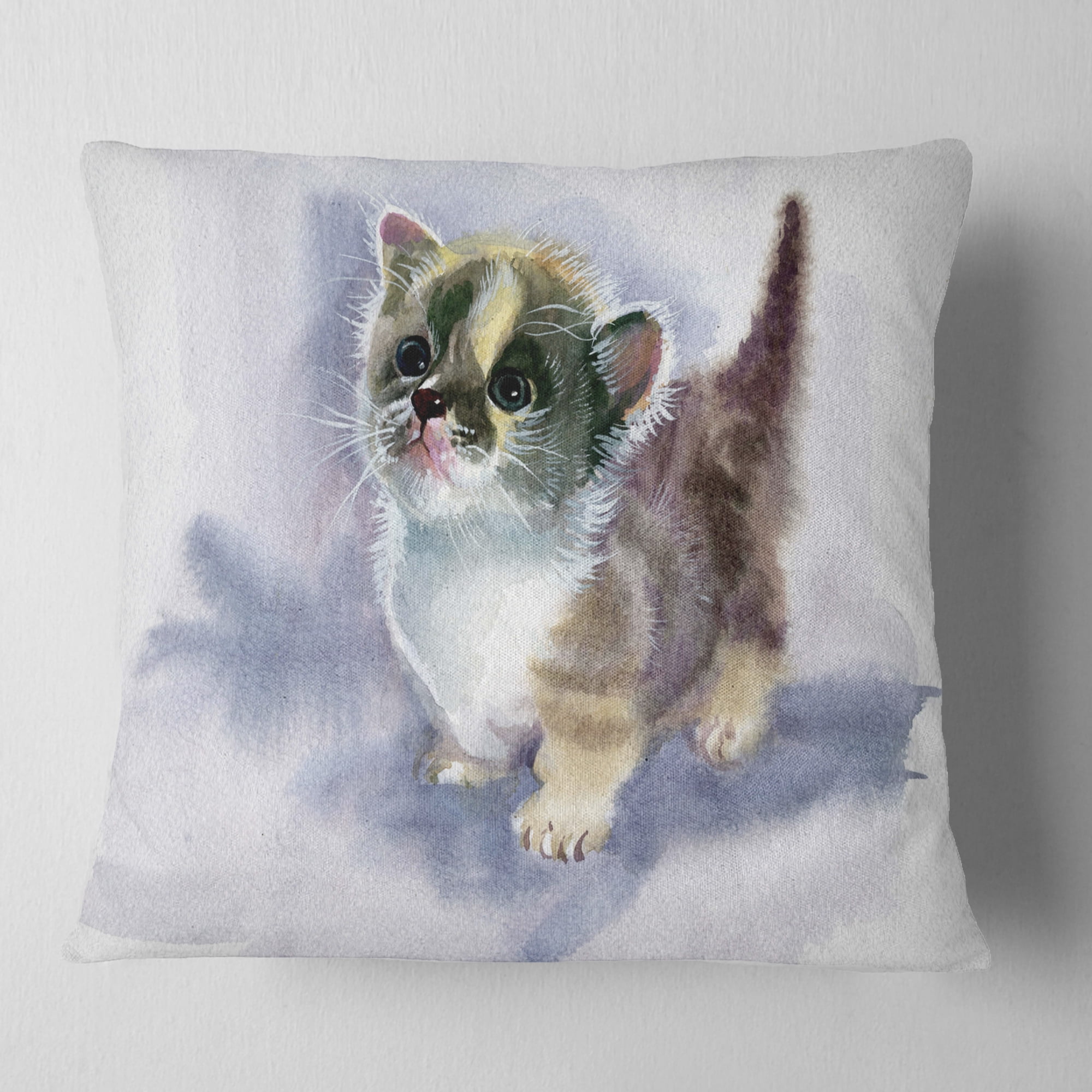 Designart Cute Kitten on Blue Watercolor - Animal Throw Pillow - 18x18