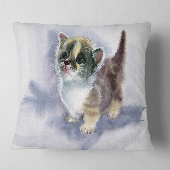 Designart Cute Kitten on Blue Watercolor - Animal Throw Pillow - 18x18
